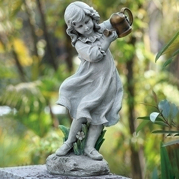 Yard Girl With Watering Can Statue Daisies Sculpture Outdoor Statuary